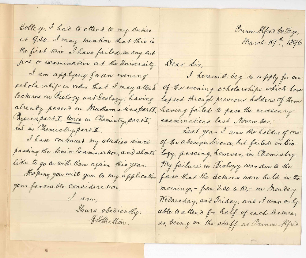 Ernest G Mitton - Prince Alfred College - Kent Town - Application for Evening Scholarship