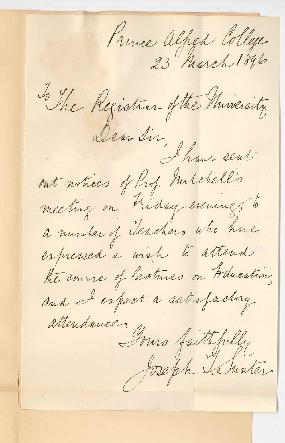 Joseph T Sunter BA - Prince Alfred College Adelaide - Re Professor Mitchells lectures on Education