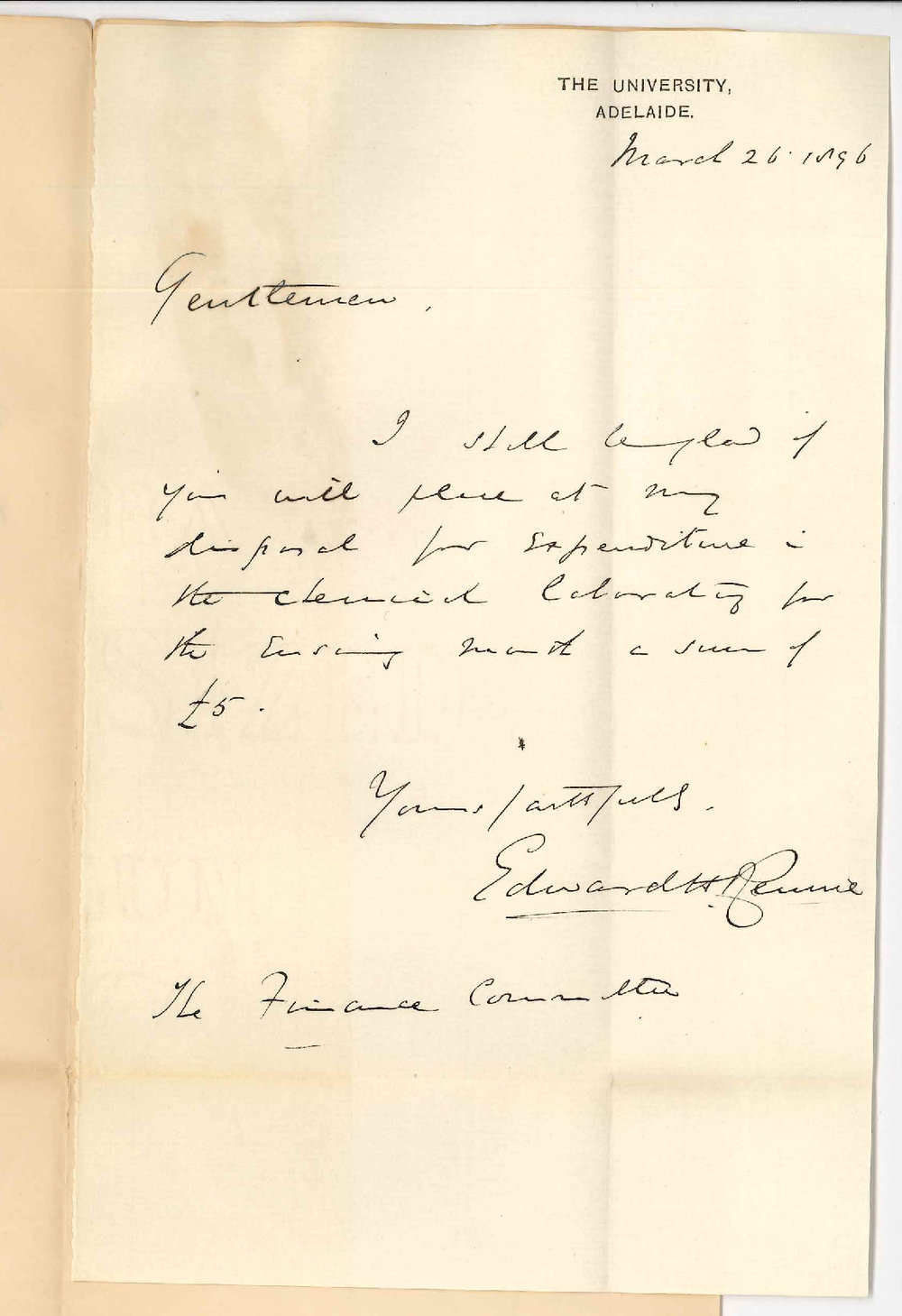 Professor Edward Henry Rennie - The University - Laboratory expenses for April &pound;5