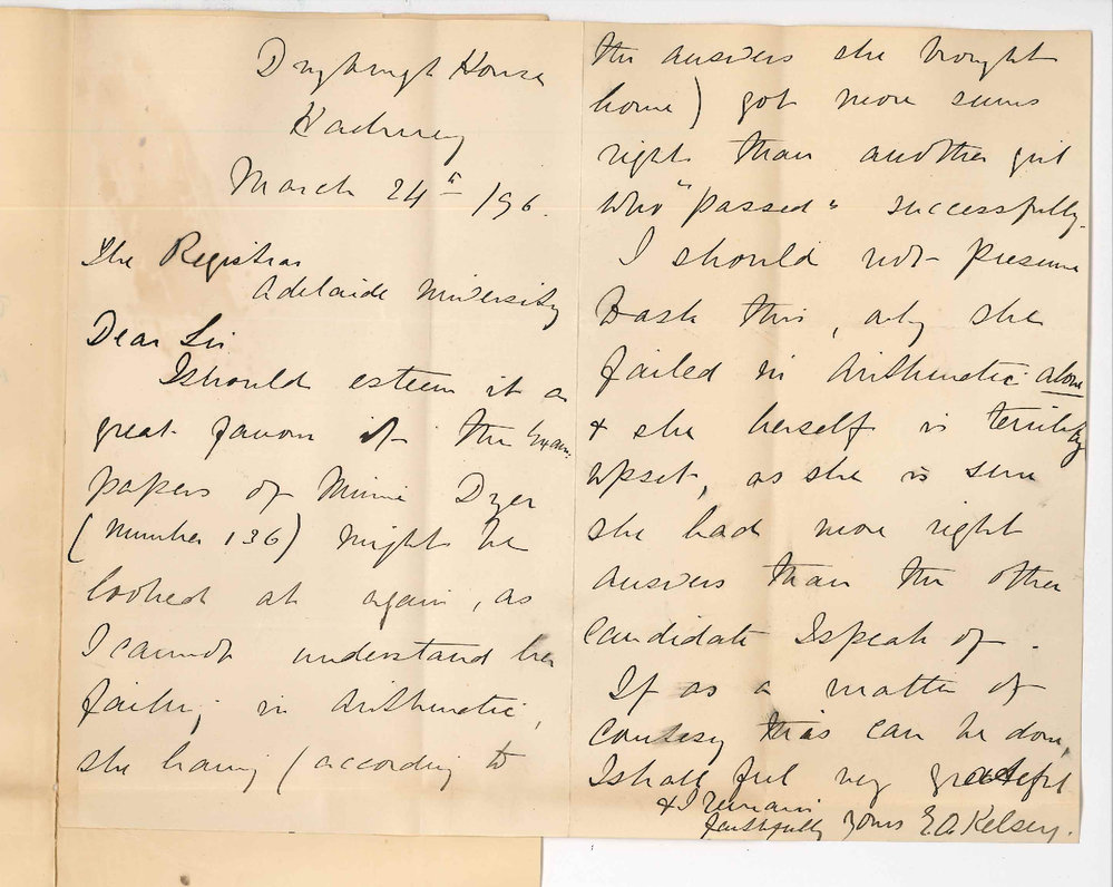 Mrs E A Kelsey - Dryburgh House - Hackney - Re failure of candidate No 136 in Preliminary Exam