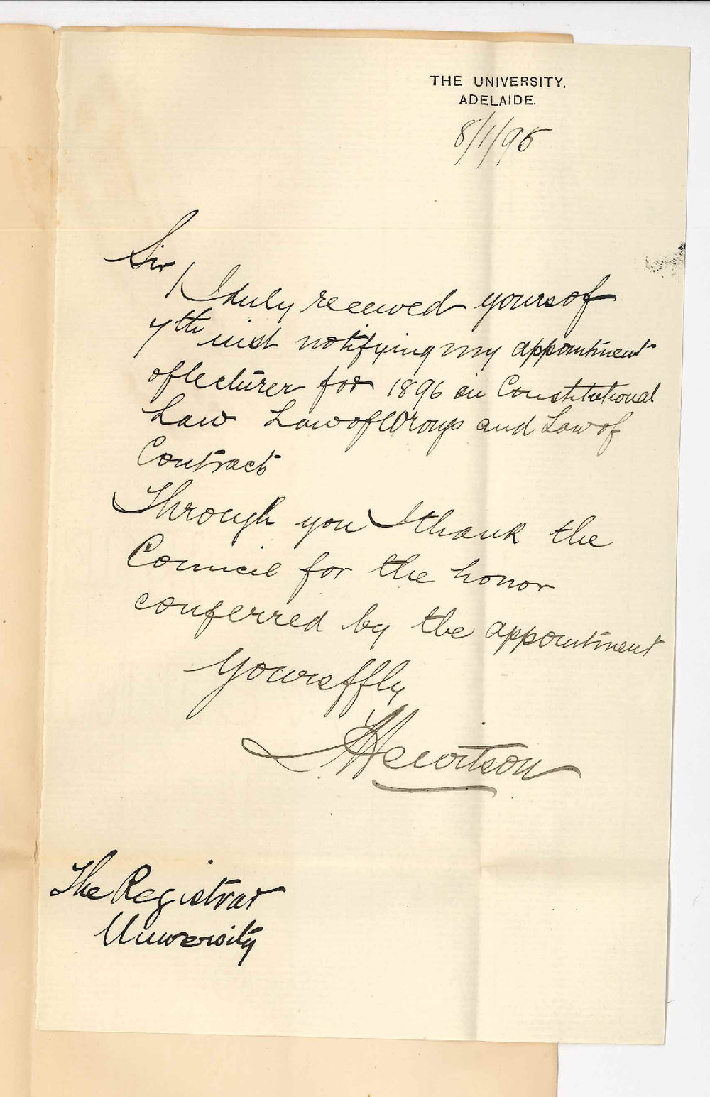 Thomas Hewitson LLB - Adelaide - Thanking Council for appointment as lecturer