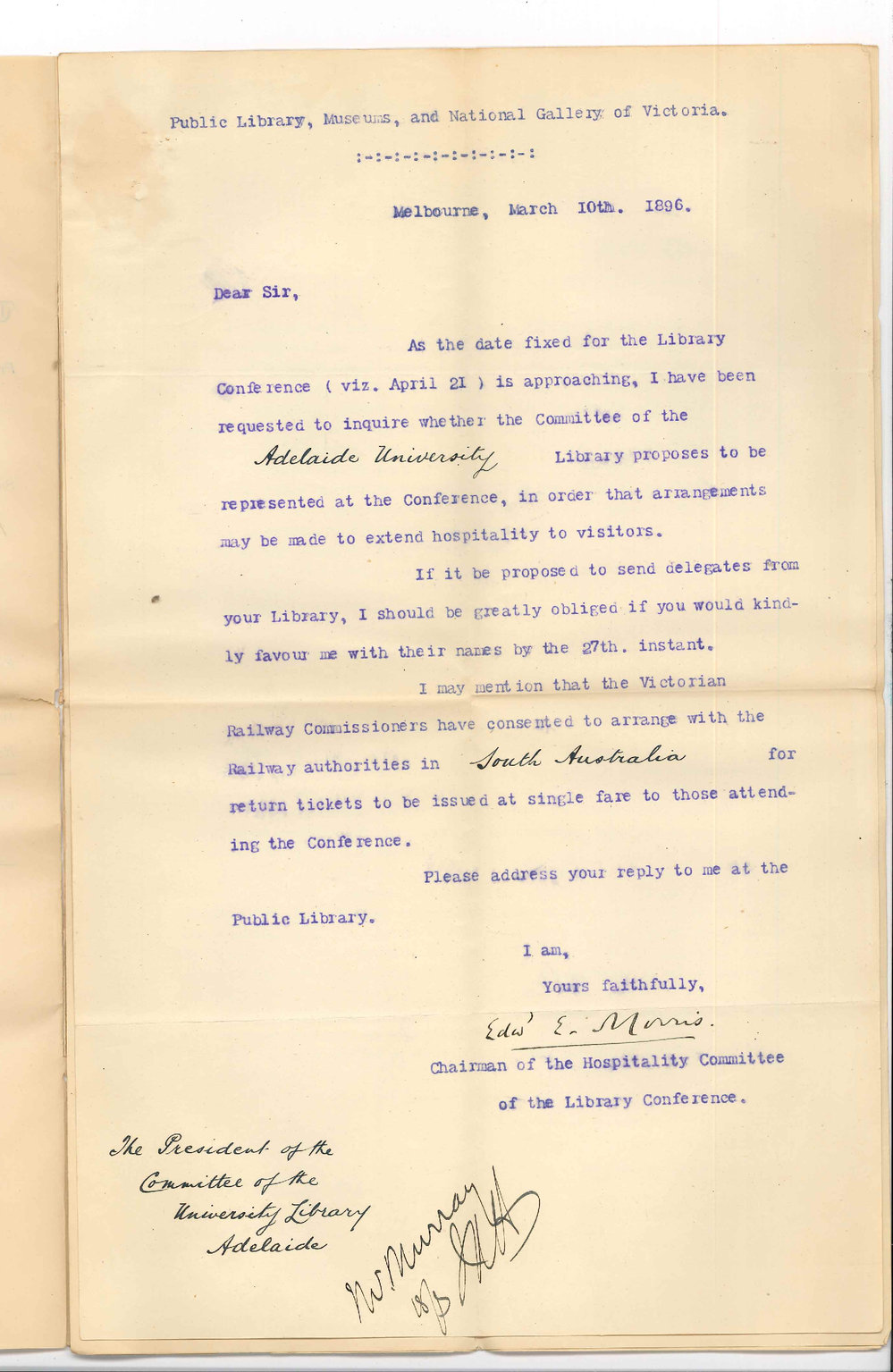 Edward E Morris - Library Conference - Melbourne - Regarding delegate to conference from the University