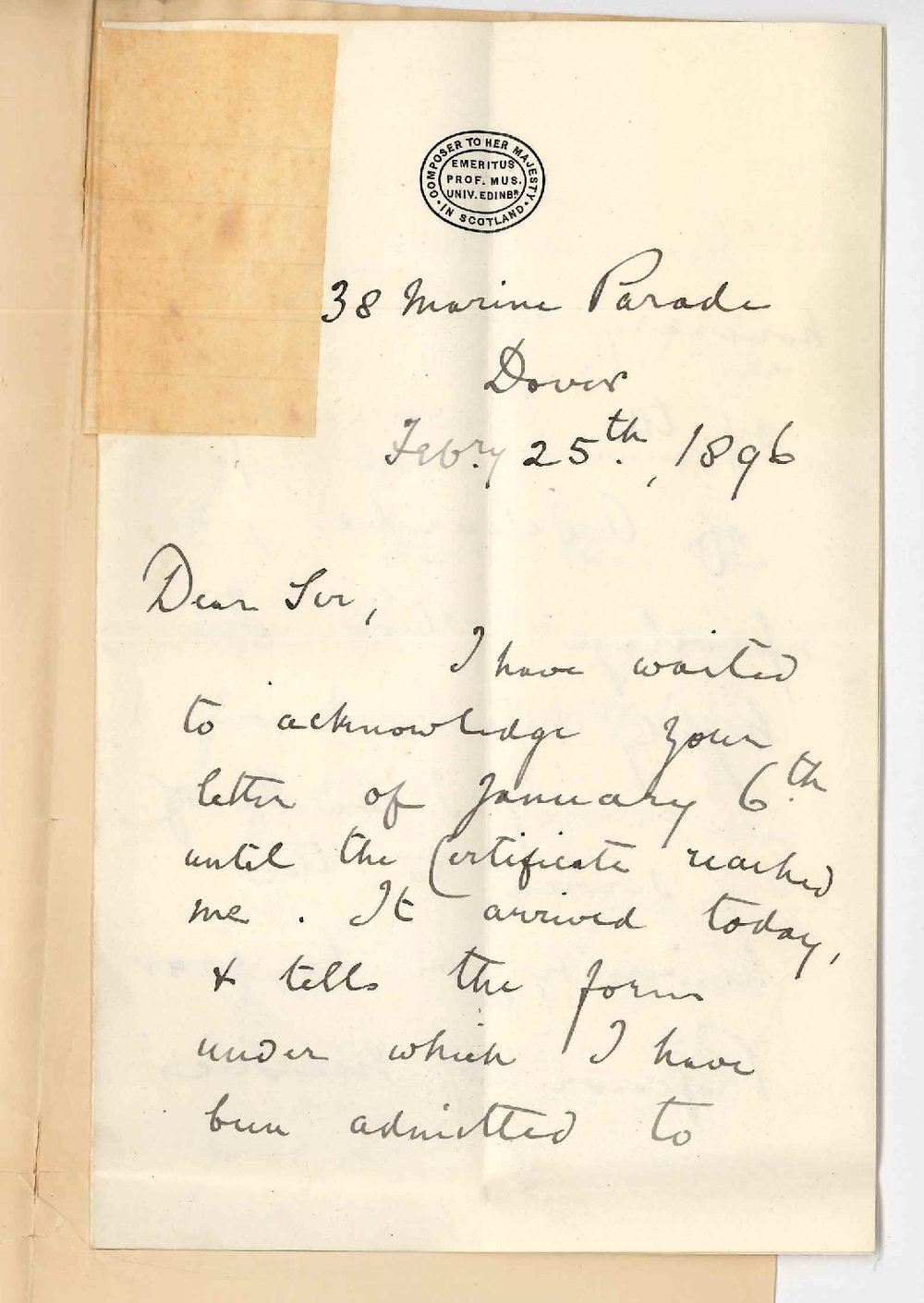 Sir Herbert Oakeley - Dover England - Received Certificate - Regarding Hood for Doctor of Music Degree