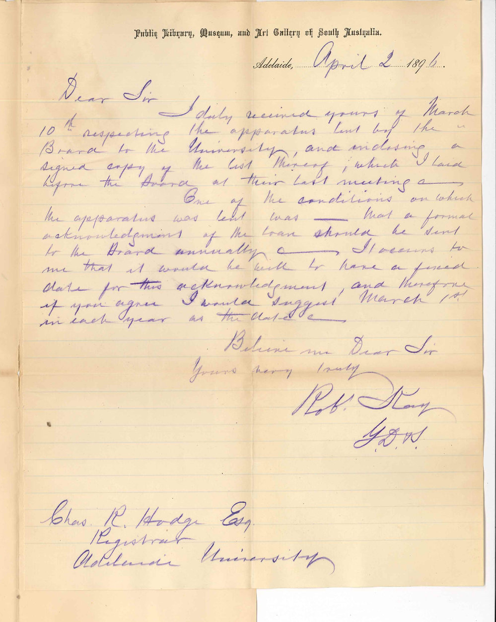 Robert Kay - General Director - Public Library Museum and Art Gallery of South Australia - Regarding acknowledgment of loan of apparatus