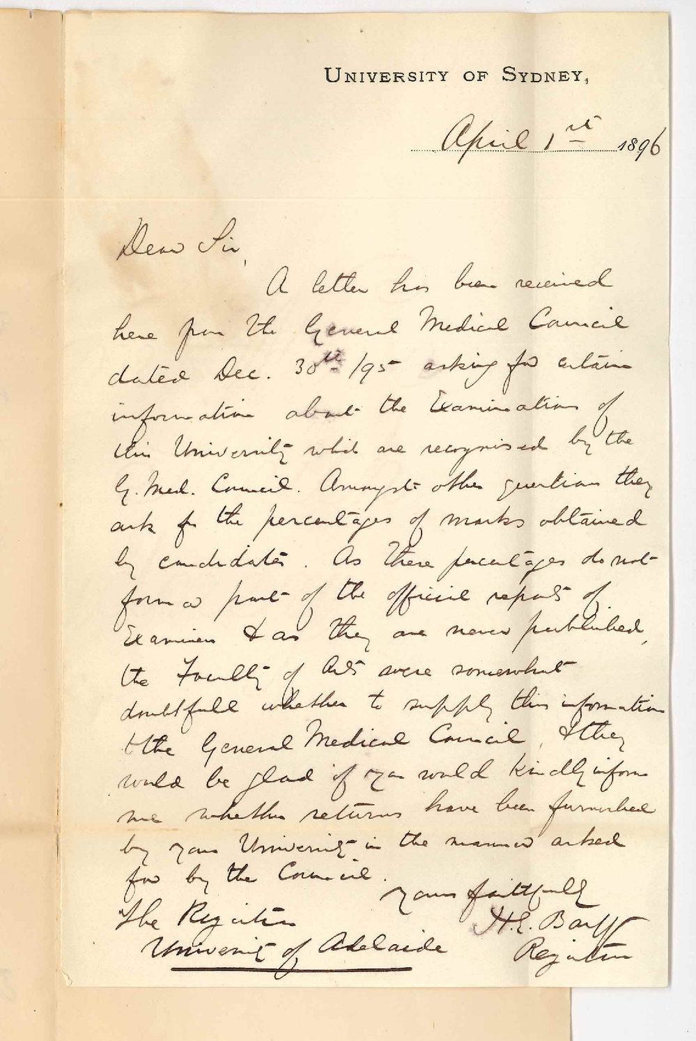 Henry Ebenezer Barff - Registrar - University of Sydney - Re information asked for by the General Medical Council