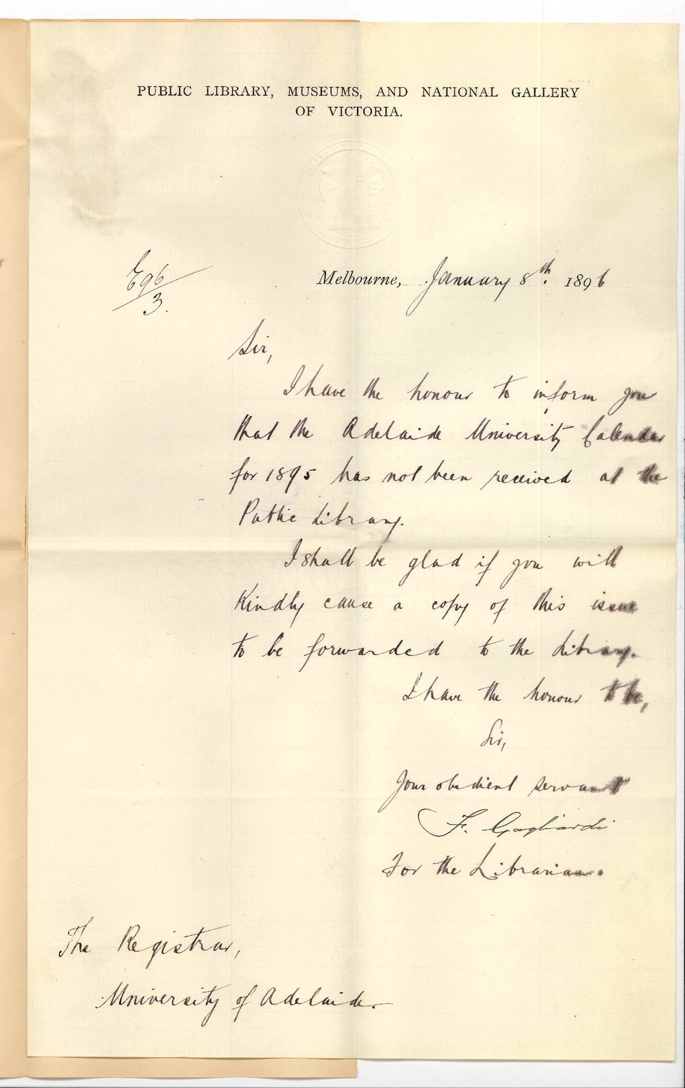 Public Library of Melbourne - Asking for Calendar of 1895