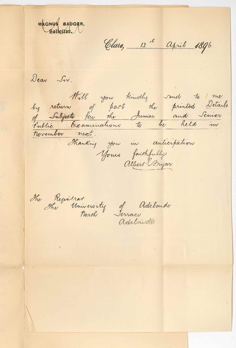 Albert E Fryar - Clare - Asking for details of subjects of Junior and Senior Public