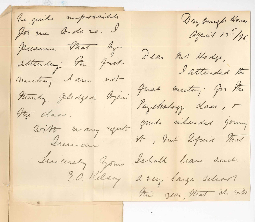 Mrs E O Kelsey - Dryburgh House - Hackney - Re attending Psychology Class