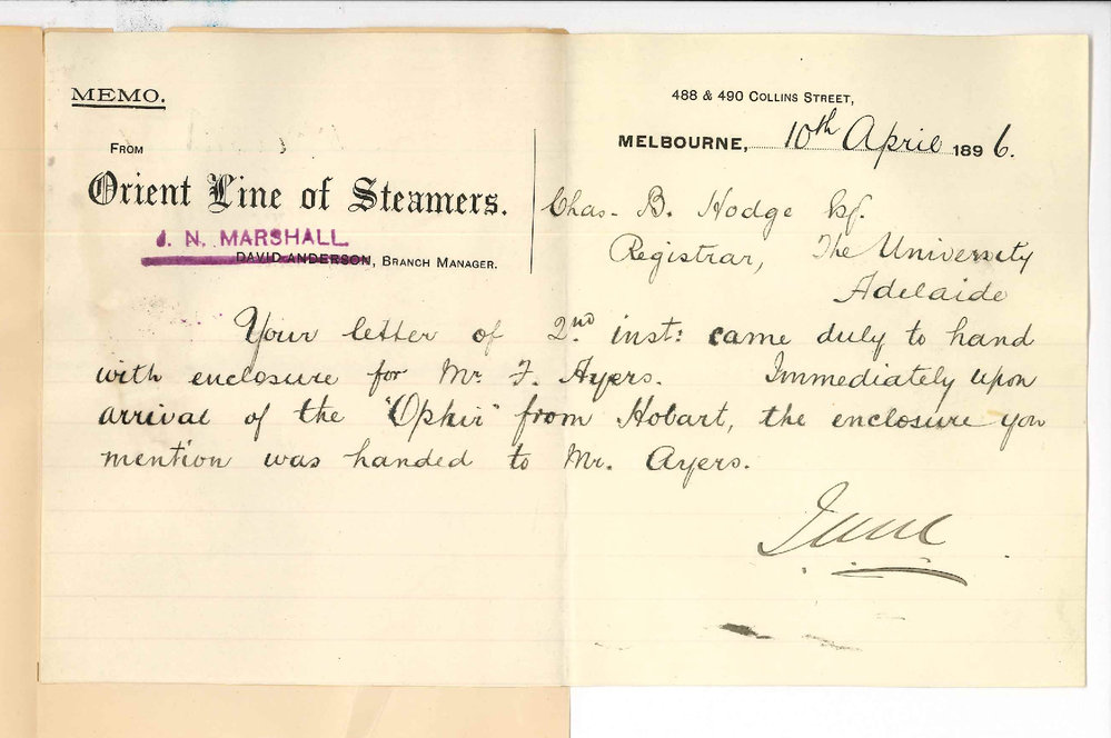 Orient Line of Steamers - Melbourne Office - Re Enclosures for Mr Ayers