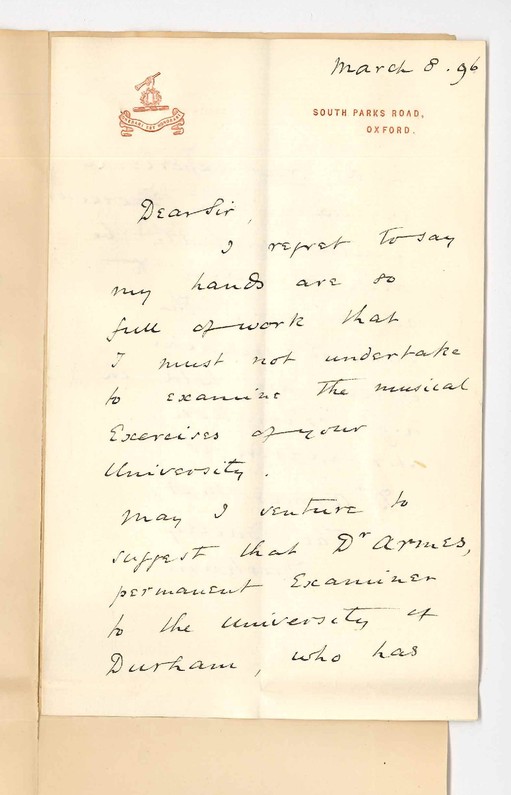Dr J Stainer - South Parks Road Oxford - Unable to examine compositions - Suggests Dr Armes