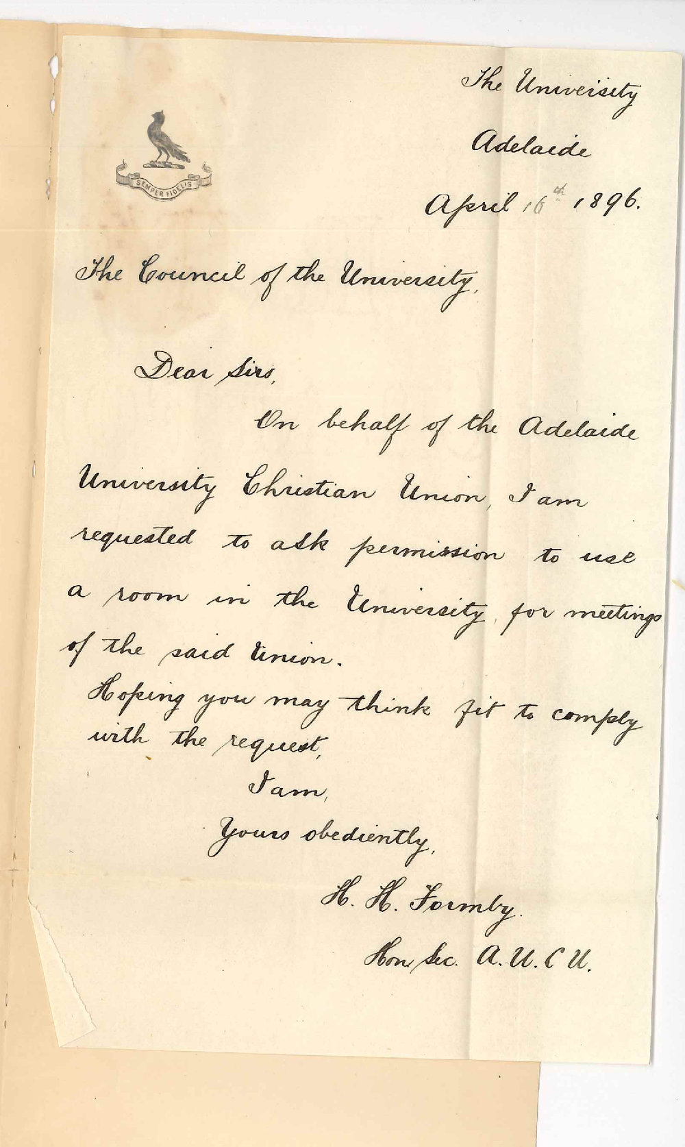 Henry Harper Formby - Honorary Secretary - Adelaide University Christian Union - Requesting use of room for meetings of the Union