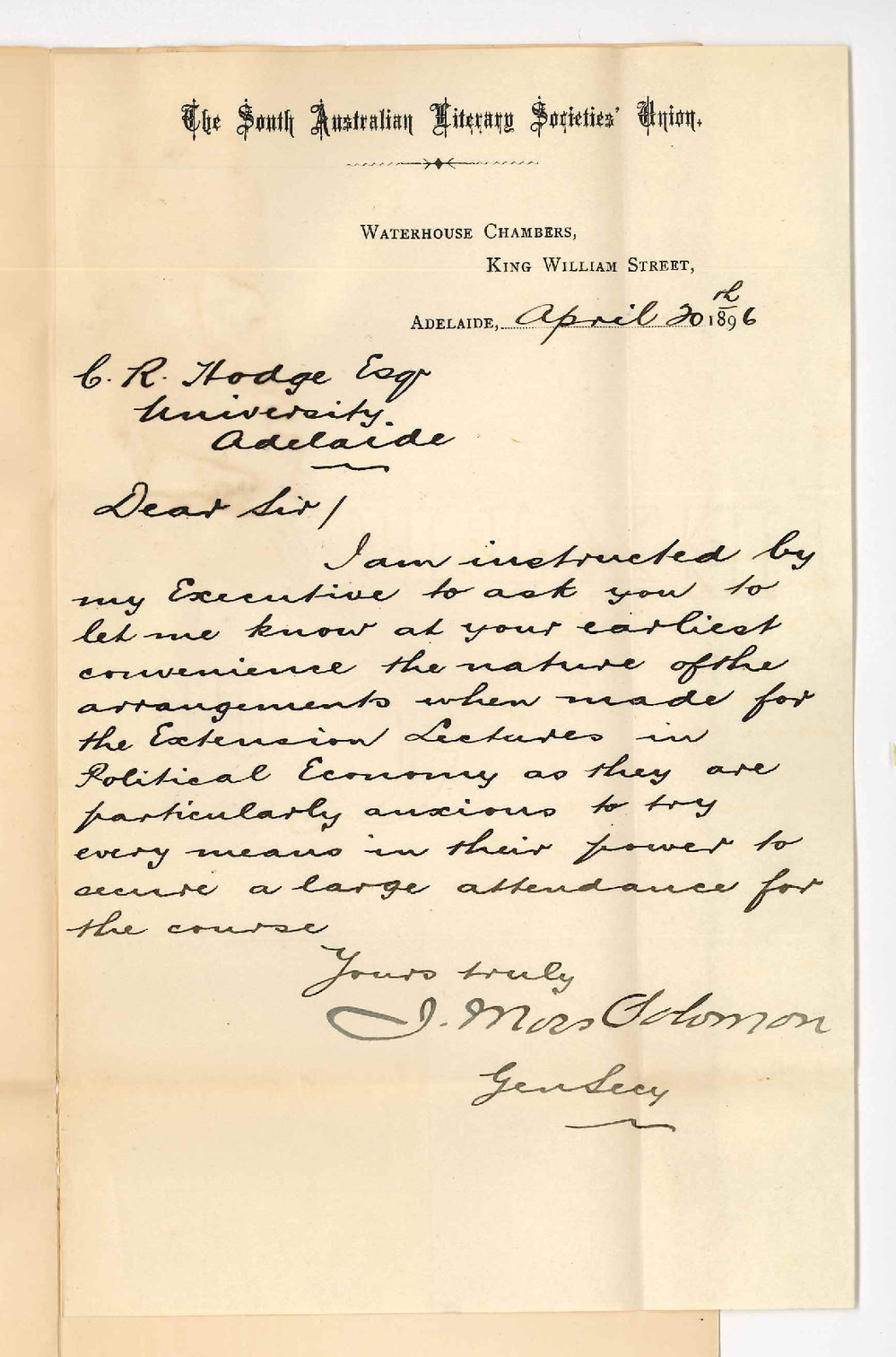 Judah Moss Solomon - General Secretary - South Australian Literary Societies' Union - Asking for Particulars Regarding Lectures on Political Economy