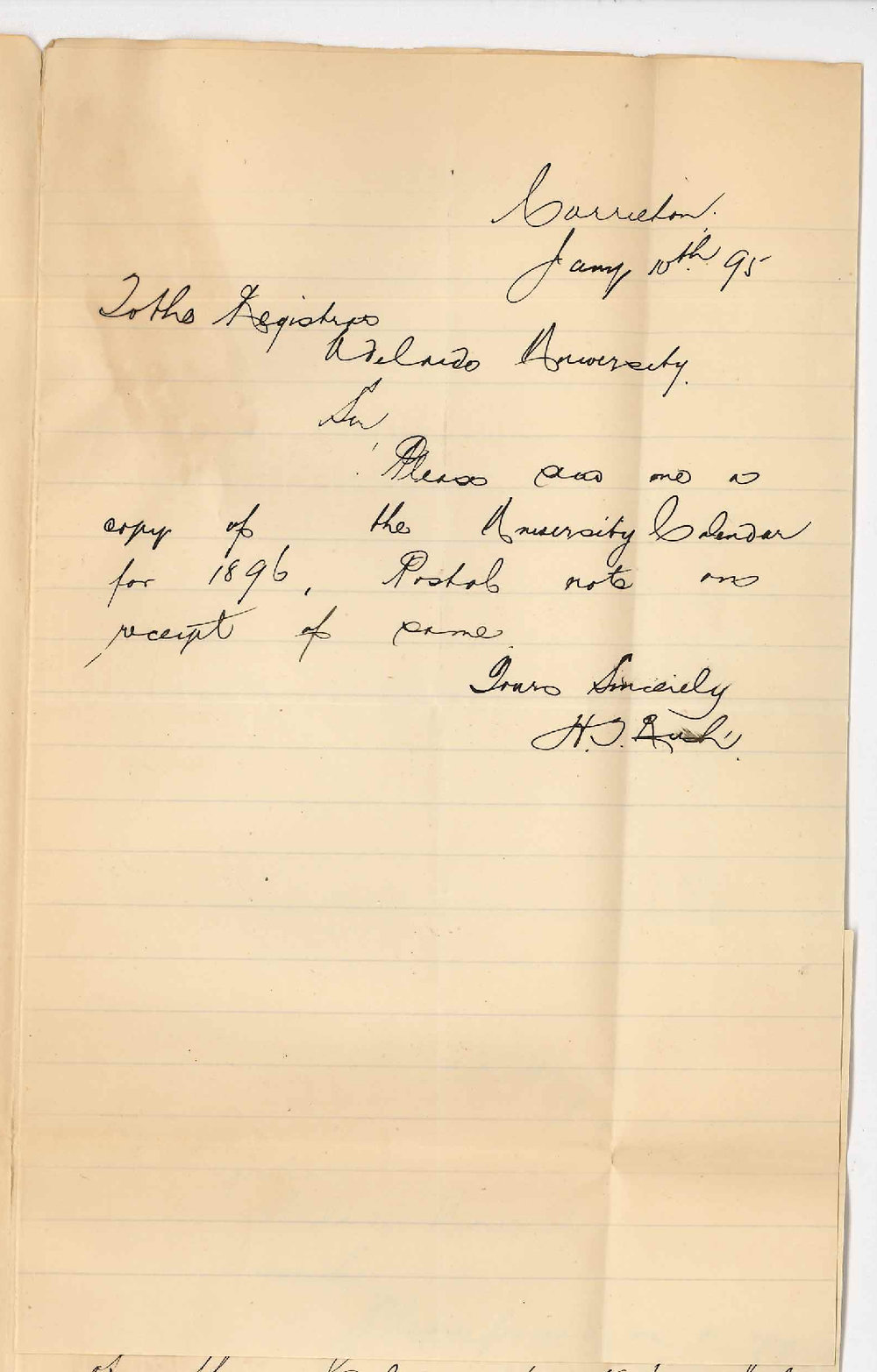 Reverend H T Rush - Carrieton - Asking for 1896 Calendar