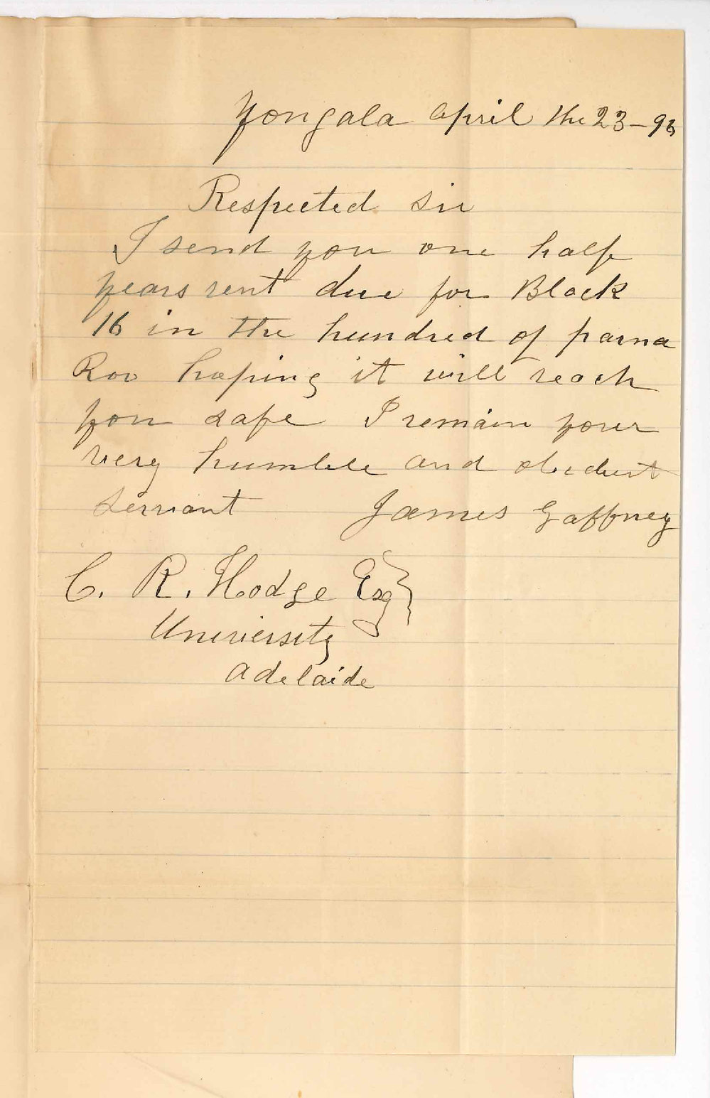 James Gaffney - Yongala Parnaroo - Payment rent due 4 October 1896