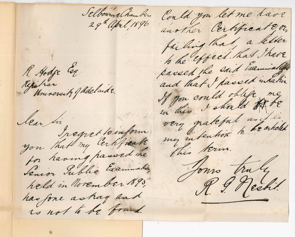 Reginald G Nesbit - Selbourne Chambers - Pirie Street Adelaide - Certificate of having passed Senior Public