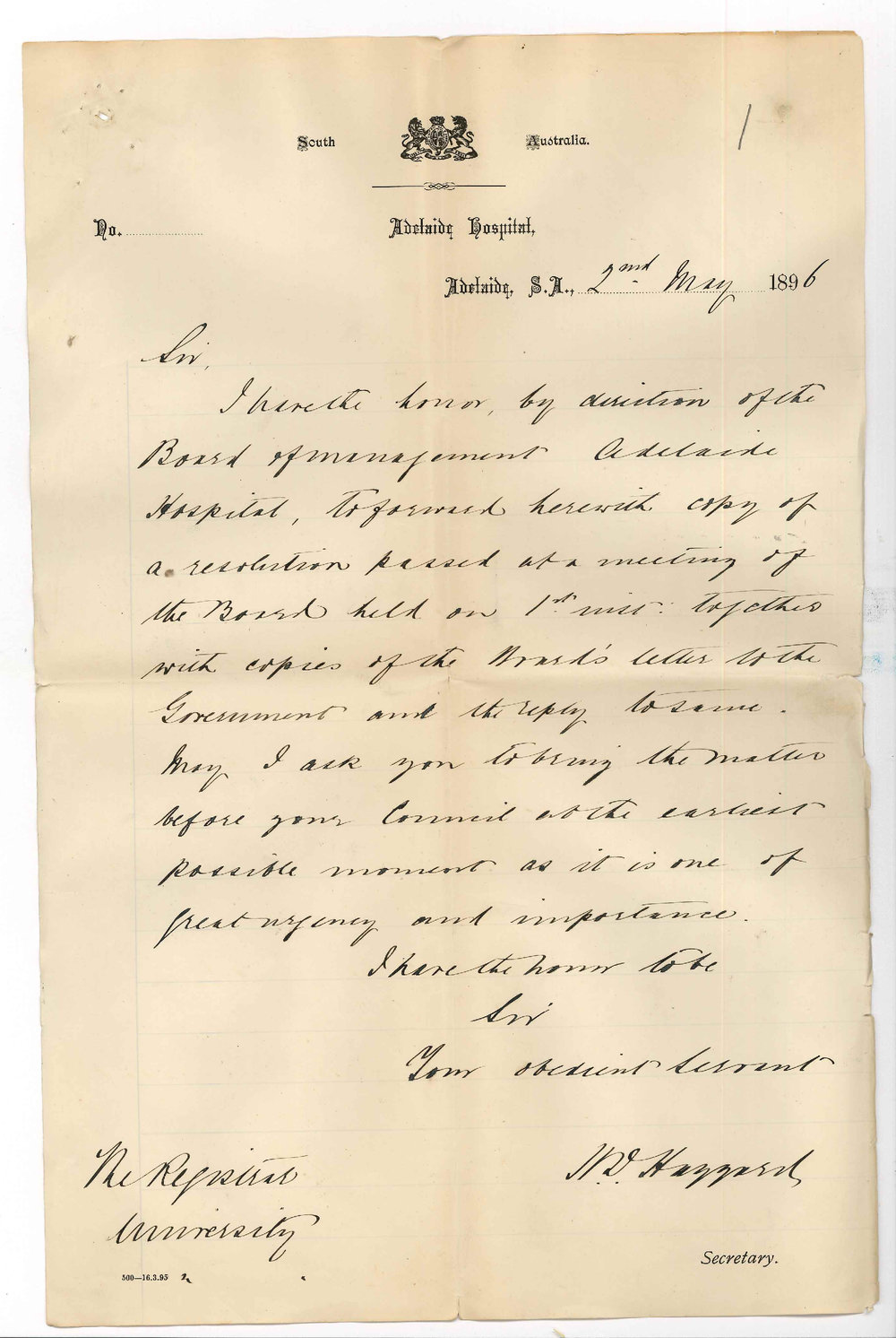H D Haggard - Secretary - Adelaide Hospital - Regarding arranging for continuance of instruction of Medical School