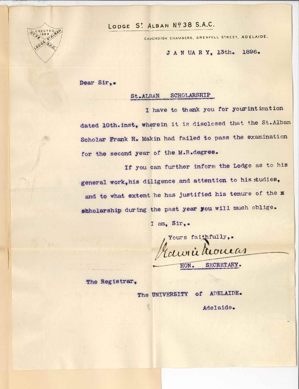 J Edwin Thomas - Grenfell Street Adelaide - Re St Alban Scholarship