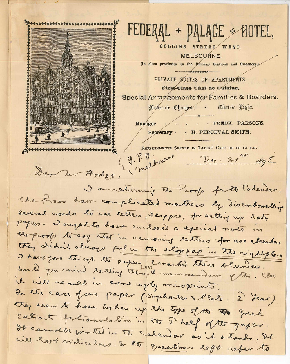 Professor Edward von Blomburg Bensley - General Post Office - Melbourne - Returning corrected proofs of exam papers