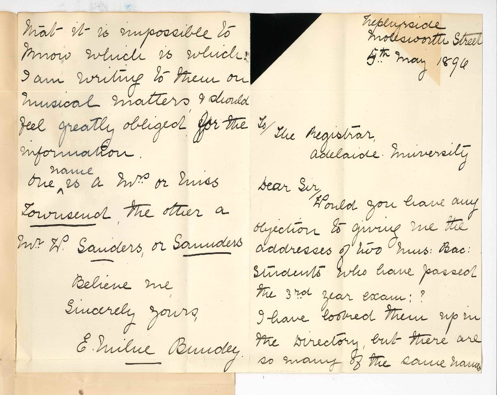 Miss E Milne Bundey - Molesworth Street North Adelaide - Addresses of Miss Townsend and Mr W Saunders