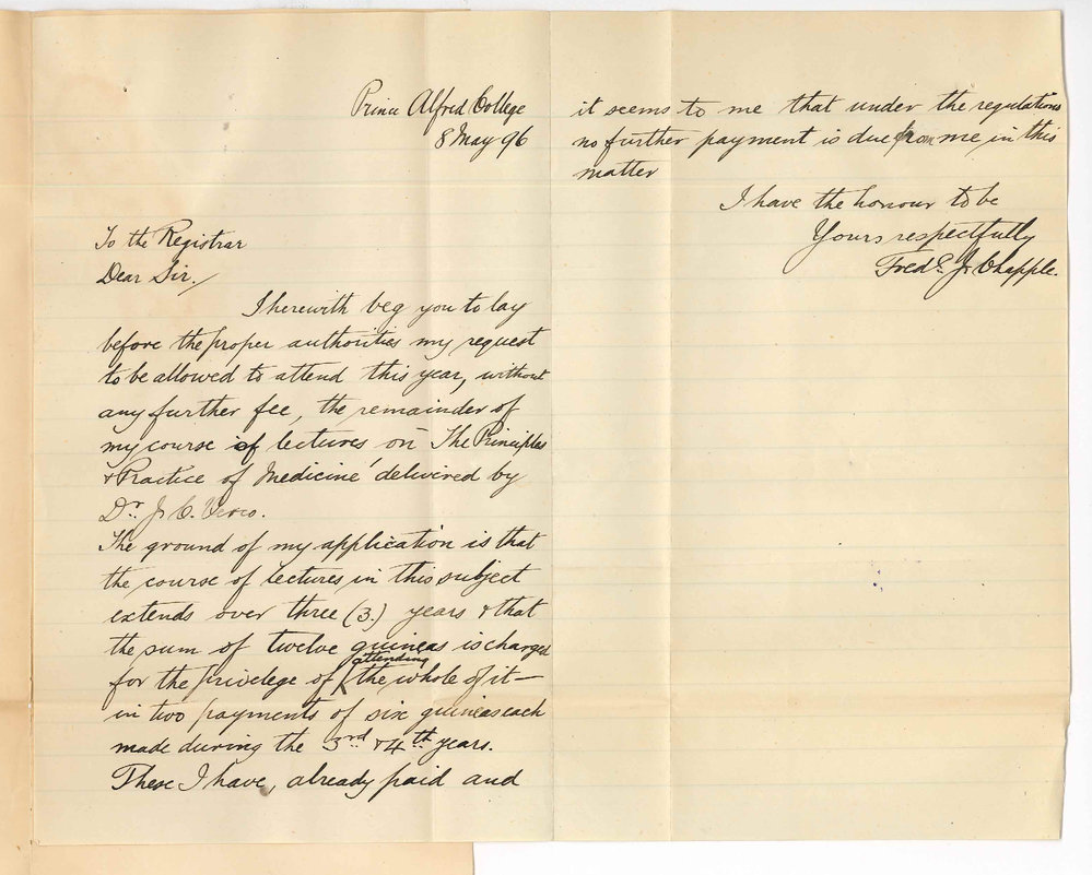 Frederic J Chapple - Prince Alfred College - Protesting against payment of certain fees