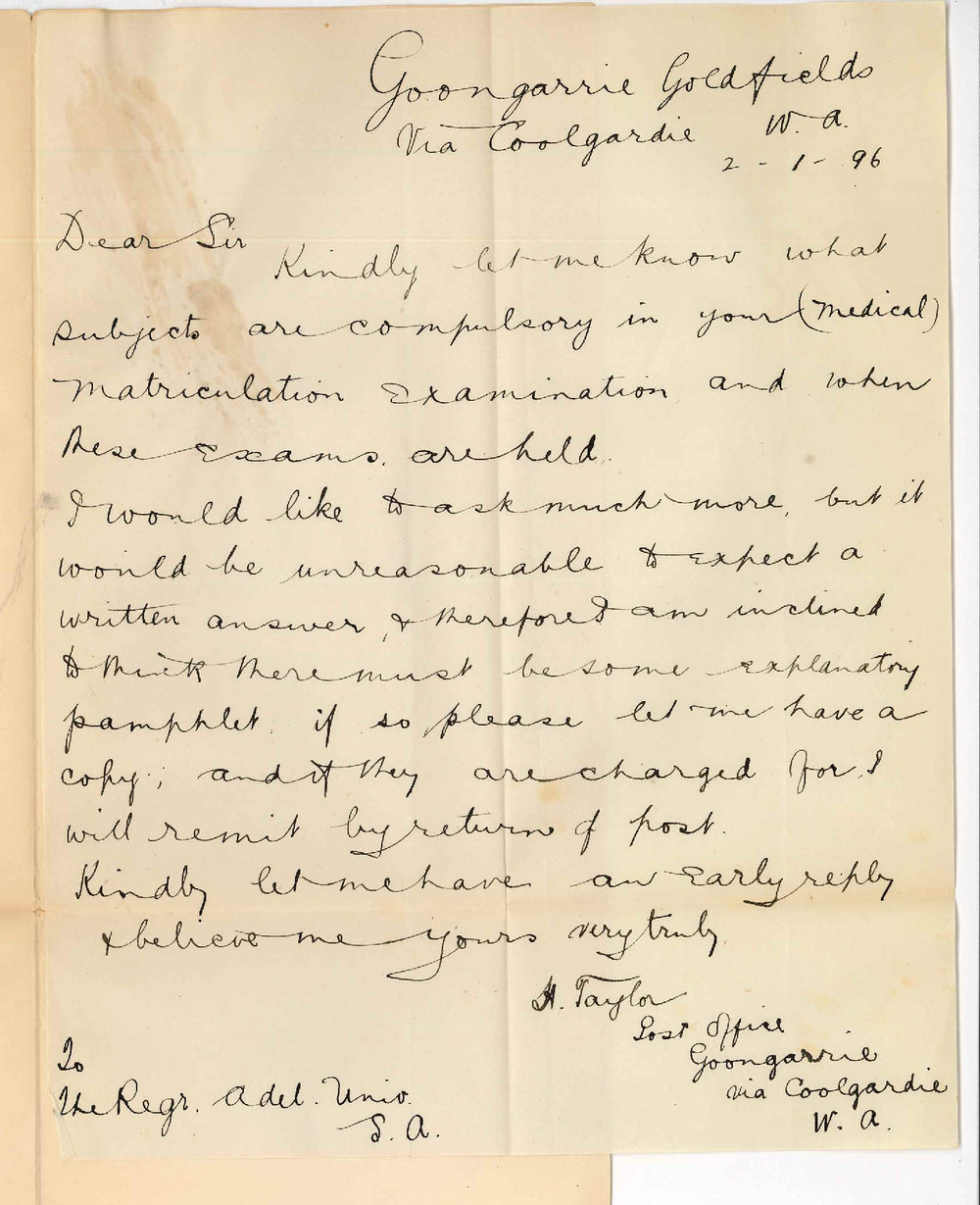 H Taylor - Goongarrie via Coolgardie West Australia - Information re Medical Preliminary Exam