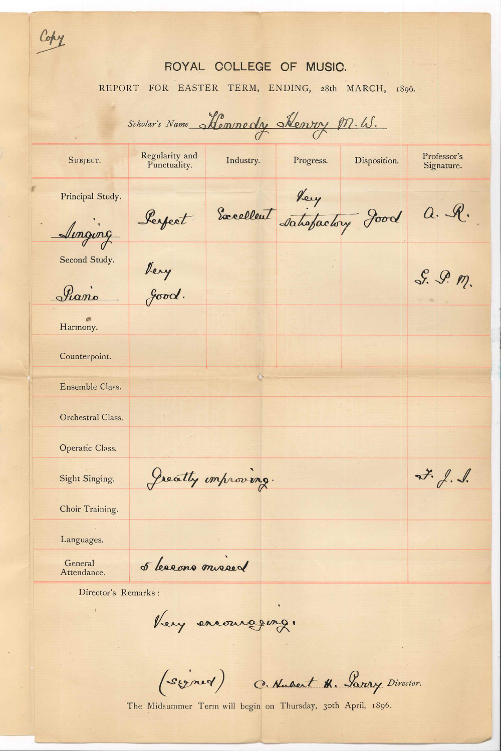 Dr Charles Hubert Hastings Parry - Director - Royal College of Music - Quarterly report of Elder Scholar Henry M W Kennedy