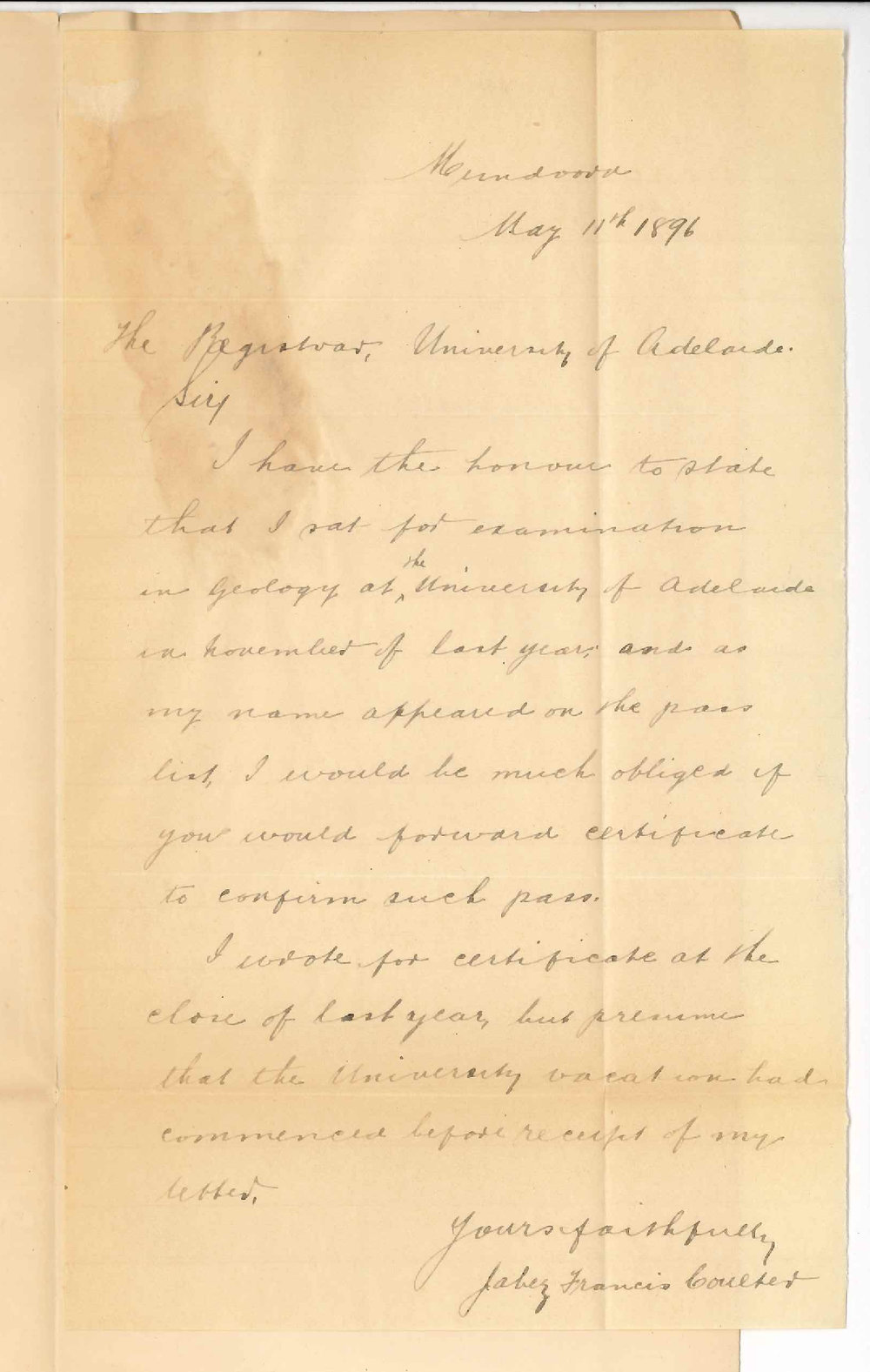 Jabez Francis Coulter - Mundoora - Certificate for Geology in Higher Public
