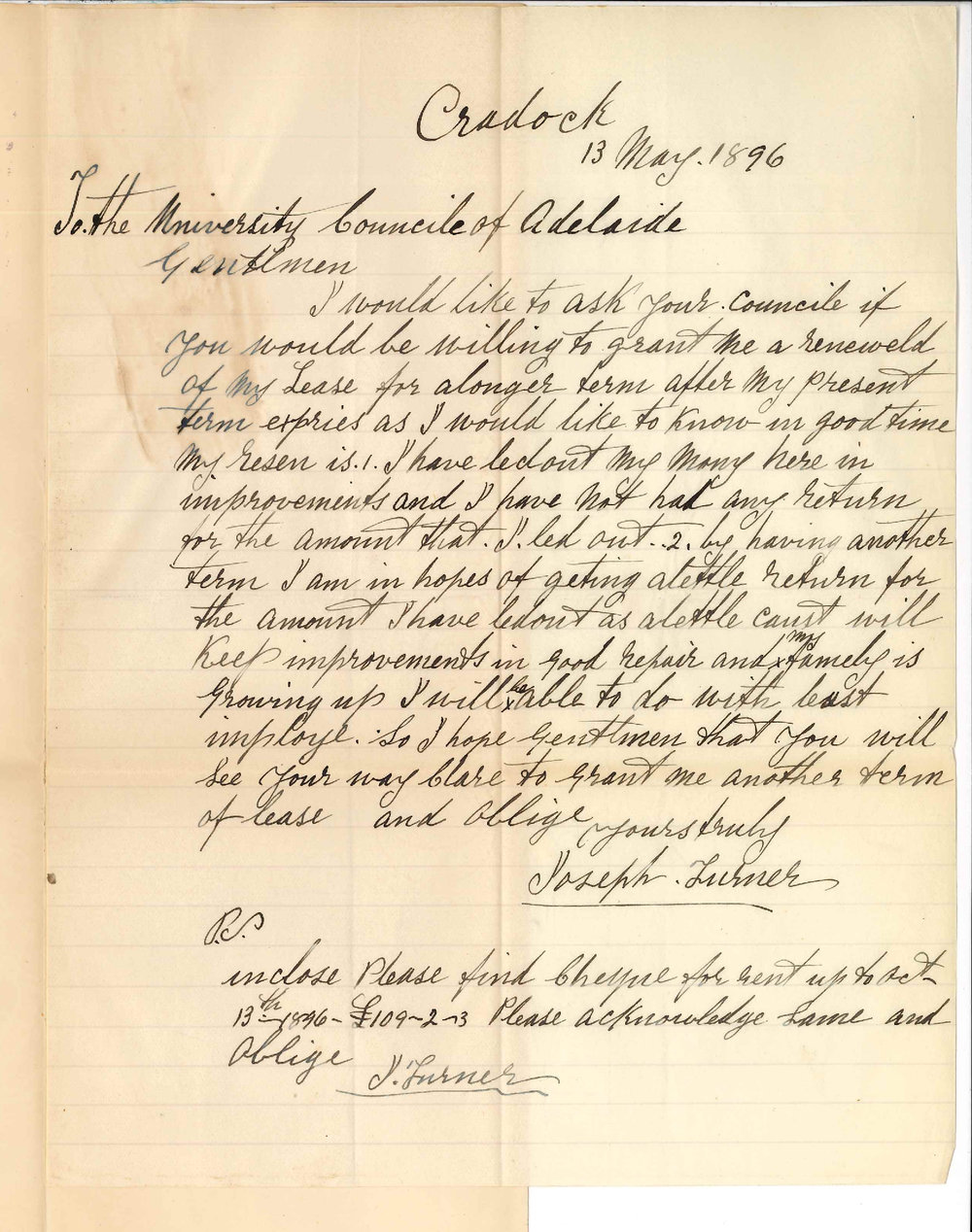 Joseph Turner - Cradock - Asking for renewal of lease and payment rent due 13-10-1896