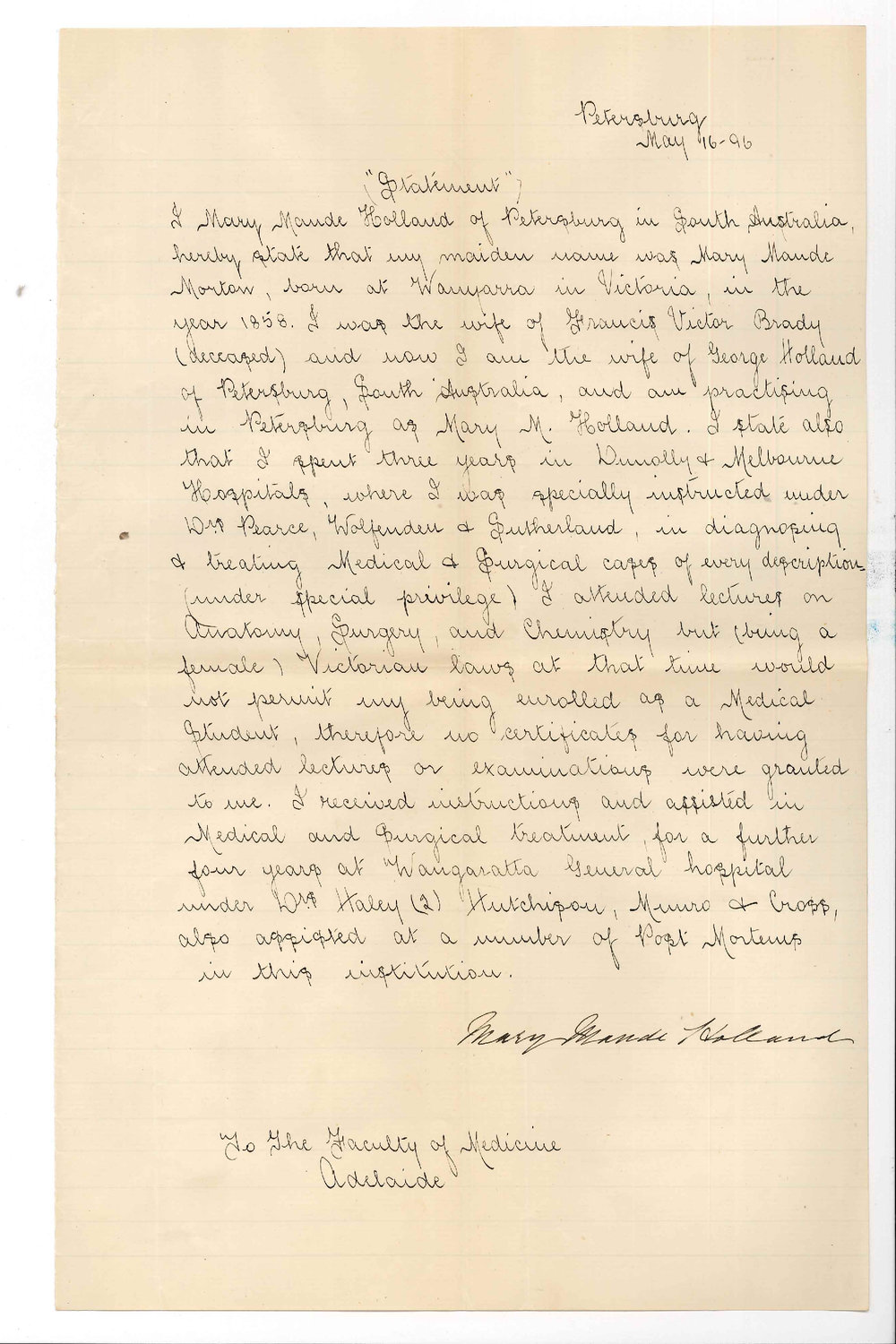 Mrs Mary Maude Holland - Petersburg - Application for admission ad eundem statum to the MB course