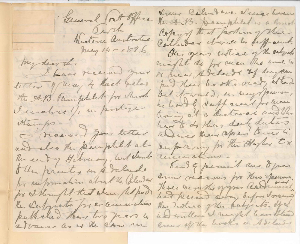 Reverend S Gilmer - General Post Office Perth West Australia - Regarding subjects of BA course etc