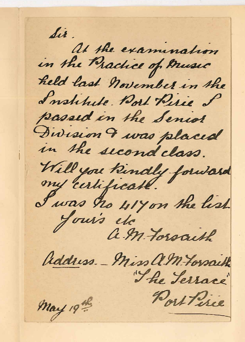 Miss Ada May Forsaith - The Terrace Port Pirie - Asking for Senior Practice Music Certificate