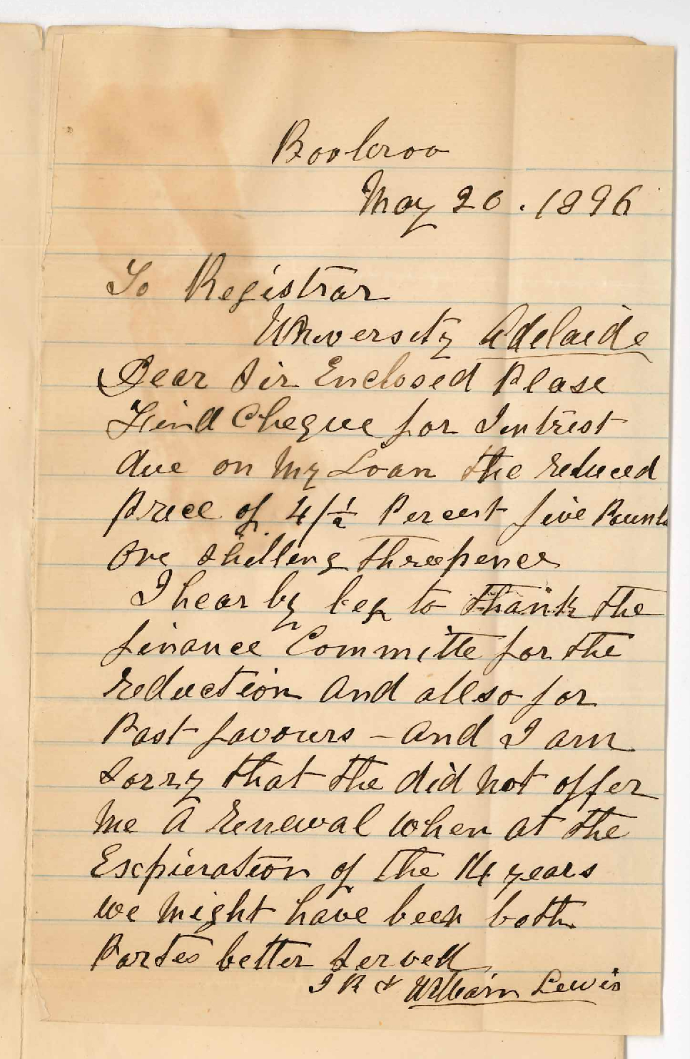 William Lewis - Booleroo - Payment interest due 24-5-1896 and thanking for reductions