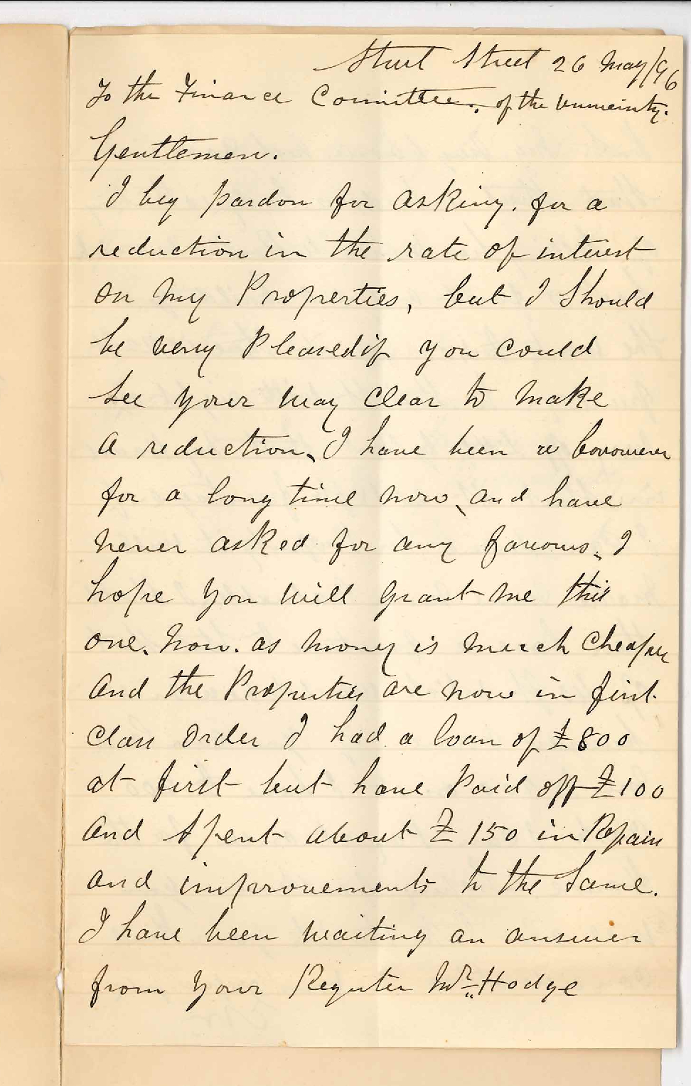 E Warhurst - Sturt Street Adelaide - Reduction in rate of interest and further loan of &pound;200