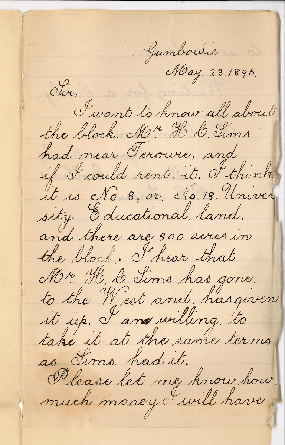 Dennis Collins - Gumbowie - Offering to rent Sims block Parnaroo