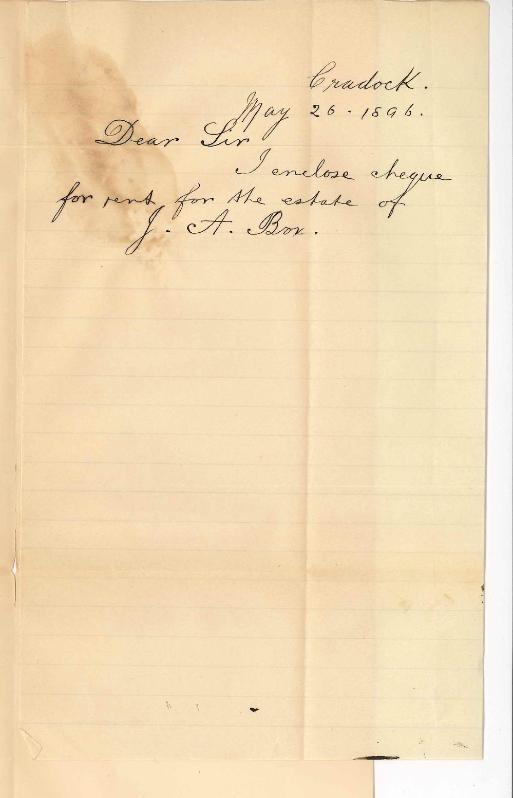 Mrs J A Box - Cradock - Payment rent due 13-5-1896