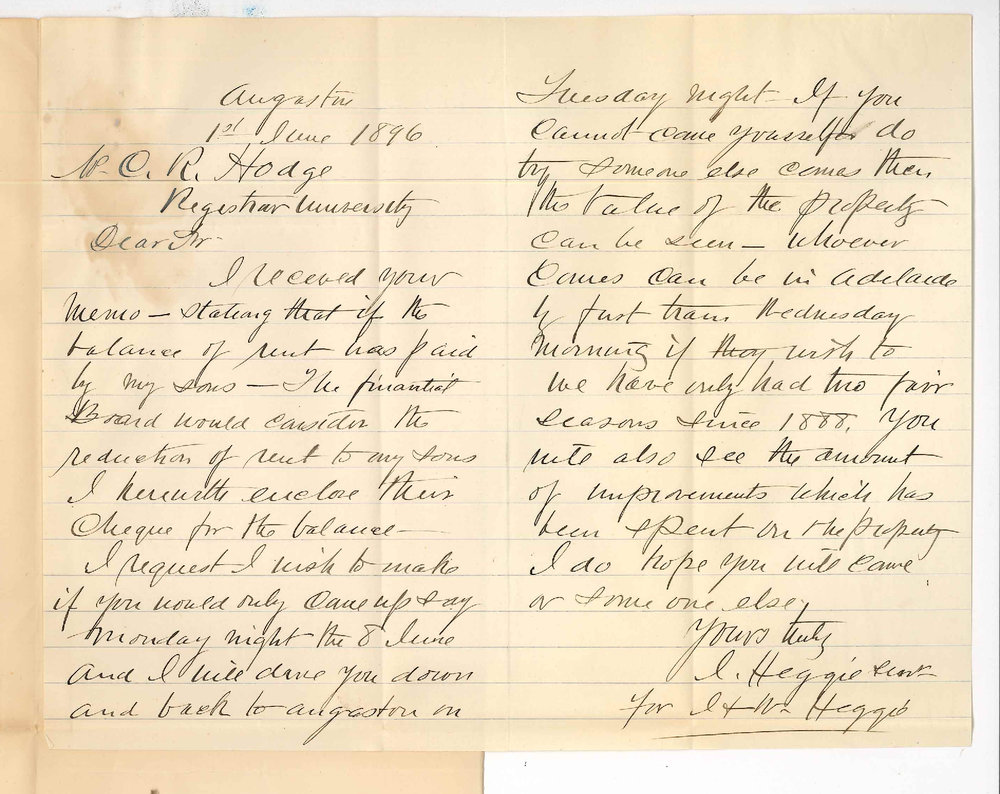 James W Heggie - Angaston - Cheque for balance rent due and inspection of land