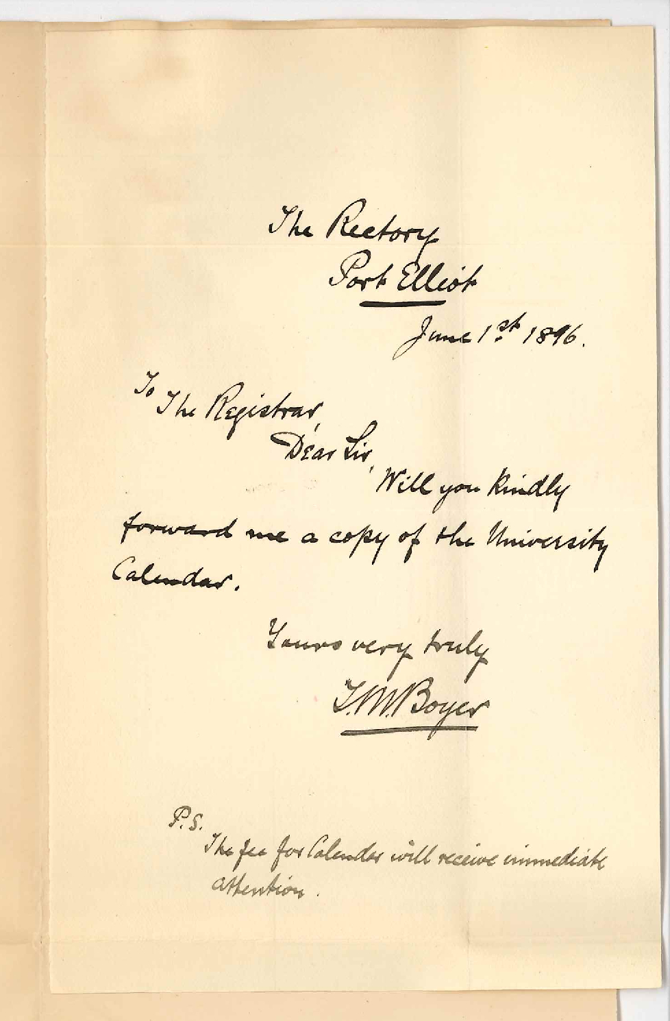 Reverend T M Boyer - The Rectory Port Elliot - Asking for Calendar for 1896
