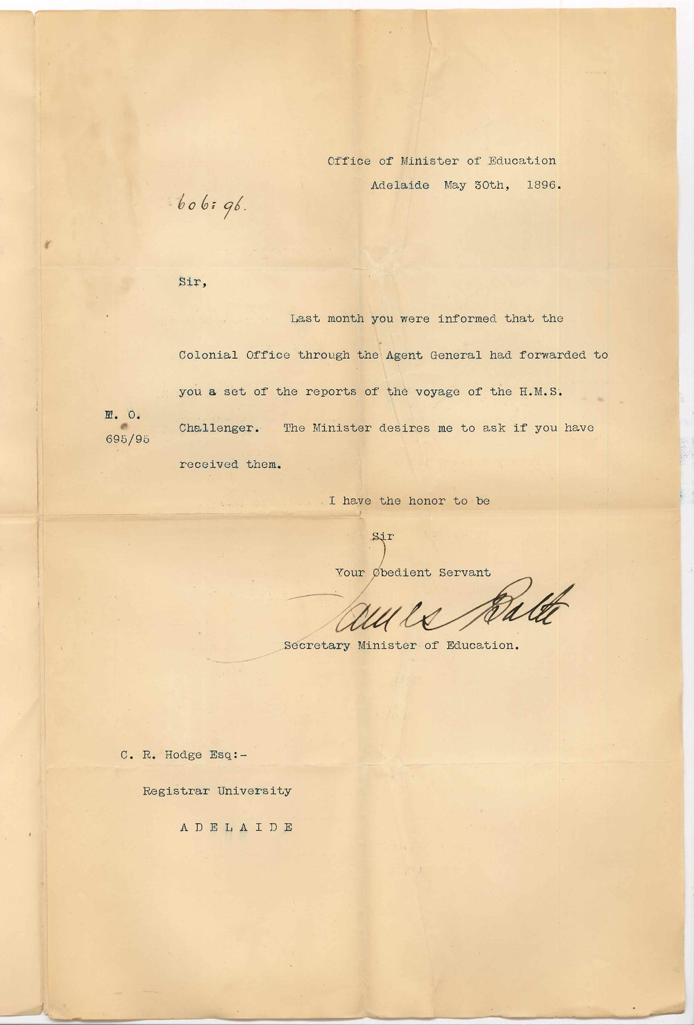 James Bath - Secretary - Minister of Education Adelaide - Enquiring if reports of HMS Challenger were received