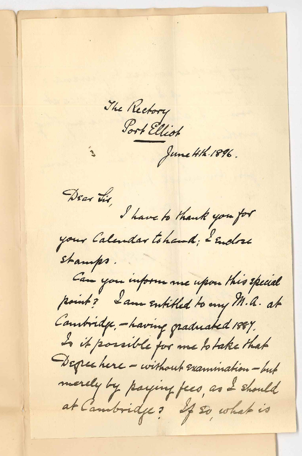 Reverend T M Boyer - The Rectory Port Elliot - Admission ad eundem gradum MA