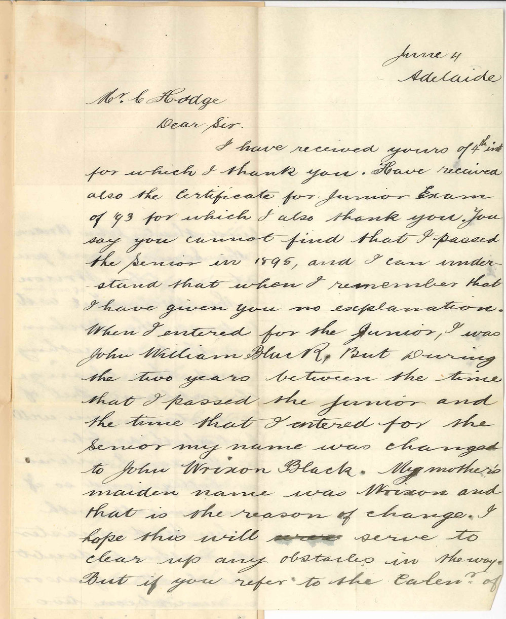 John W Black - c/o McLean Brothers and Rigg Hindley Street Adelaide - Explanation re mistake in name