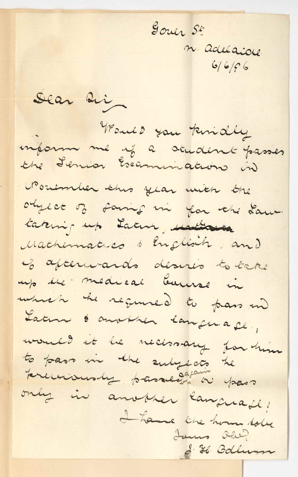 J H Odlum - Gover Street North Adelaide - Enquiring regarding Matriculating for MB Course