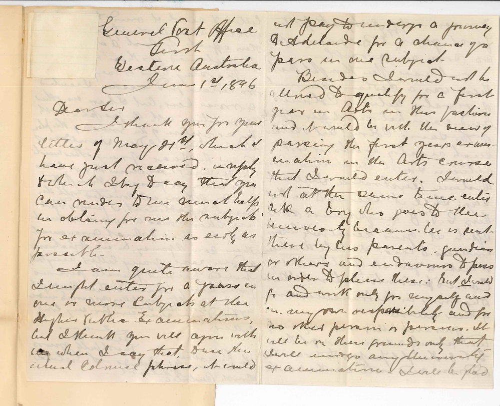 Reverend S Gilmer - General Post Office Perth WA - Regarding Subjects for BA Course etc