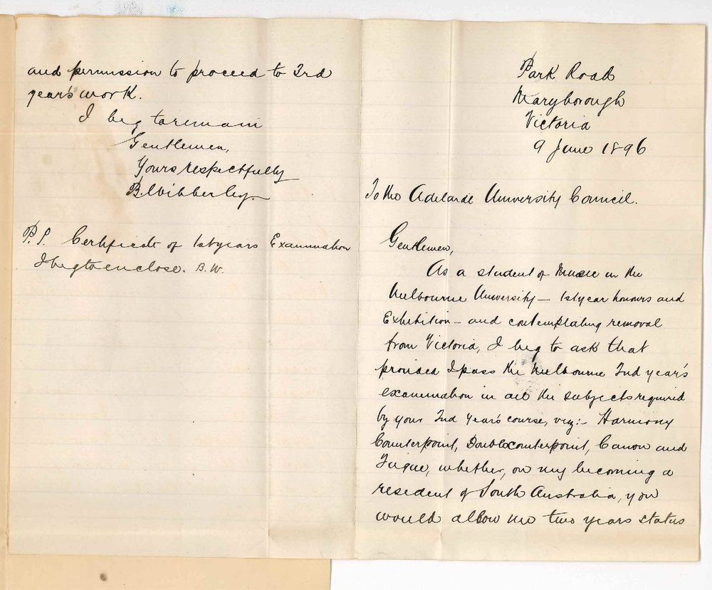 Brian Wibberley - Park Road Maryborough Victoria - Enquiring re admission ad eundem statum Mus Bac Course