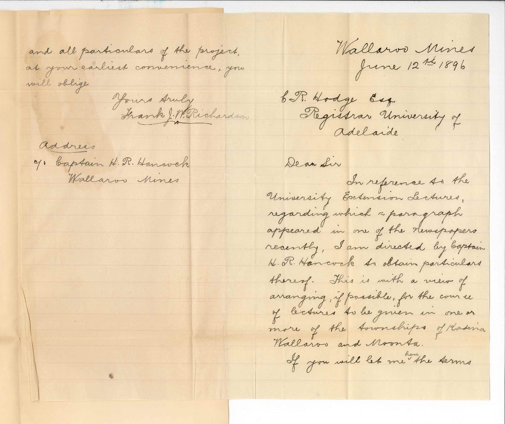 Frank J W Richardson - Wallaroo Mines - Regarding Course of Extension Lectures