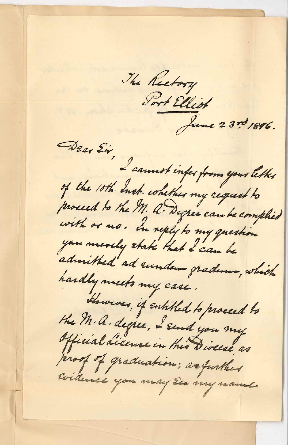 Reverend T M Boyer - Port Elliot - Admission ad eundem gradum and Law Course