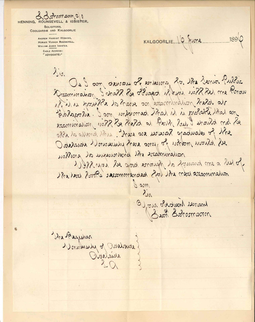 Leonard Lohrmann - c/o Henning Rounsevell and Isbister Kalgoorlie - Asking for local Senior Public Examination