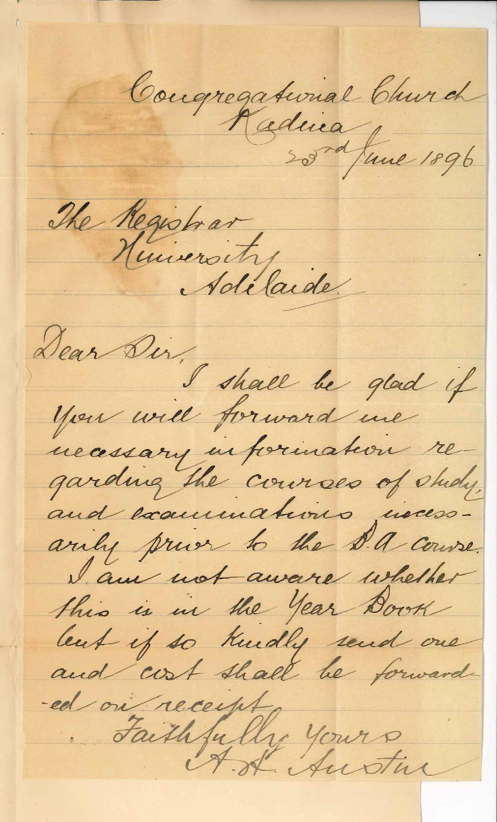 A A Austin - Congregational Church - Kadina - Particulars regarding BA course