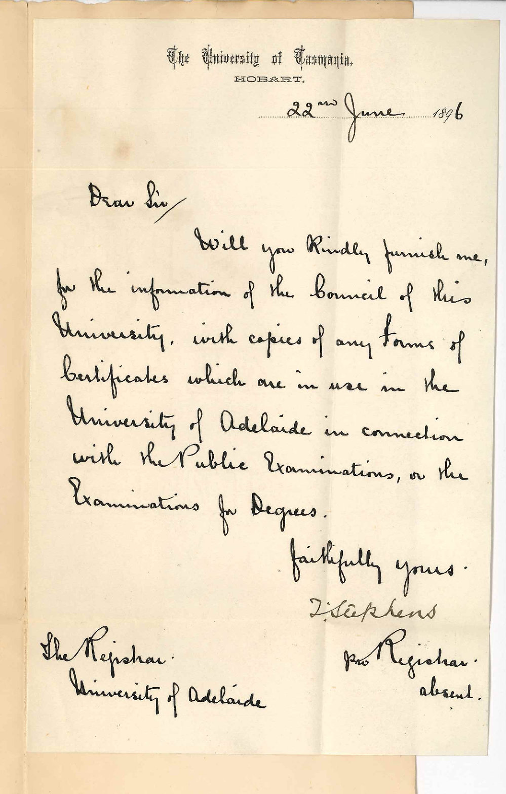 T Stephens - The Registrar - University of Tasmania - Asking for copies of certificate forms