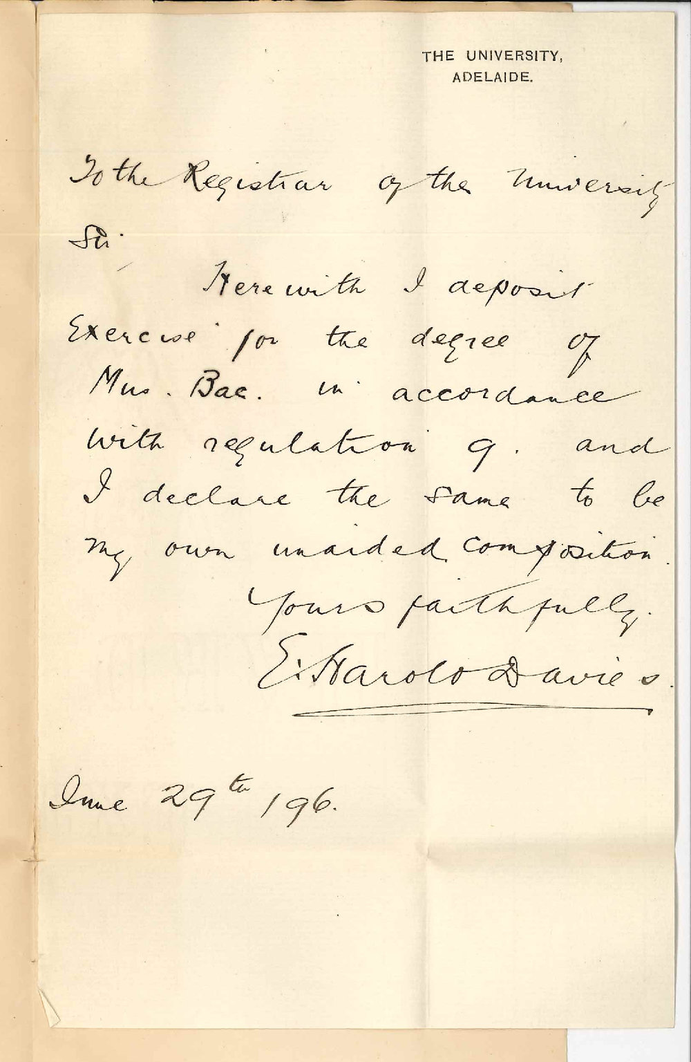 E Harold Davies - Herewith Exercise for Mus Bac degree