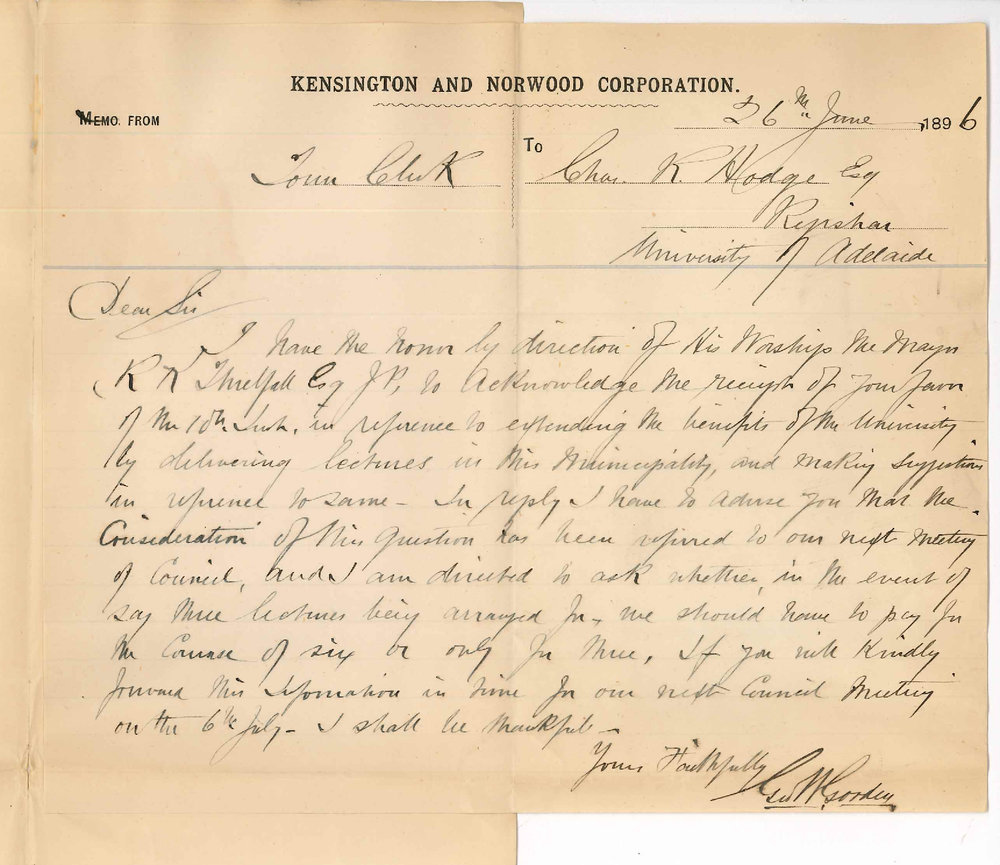George W Gooden - Town Clerk - Kensington and Norwood Corporation - Regarding Course of Extension lectures